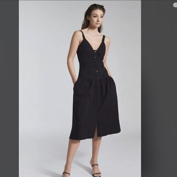 NWT REISS Vita Stretch Cotton Blend Black Midi Dress - Picture 1 of 13